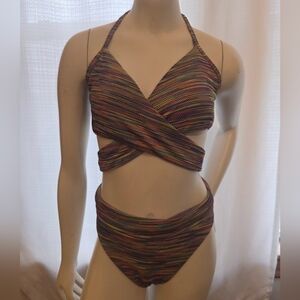 Cross-Wrap Multicolor Halter Bikini Top and High Waist Bottoms